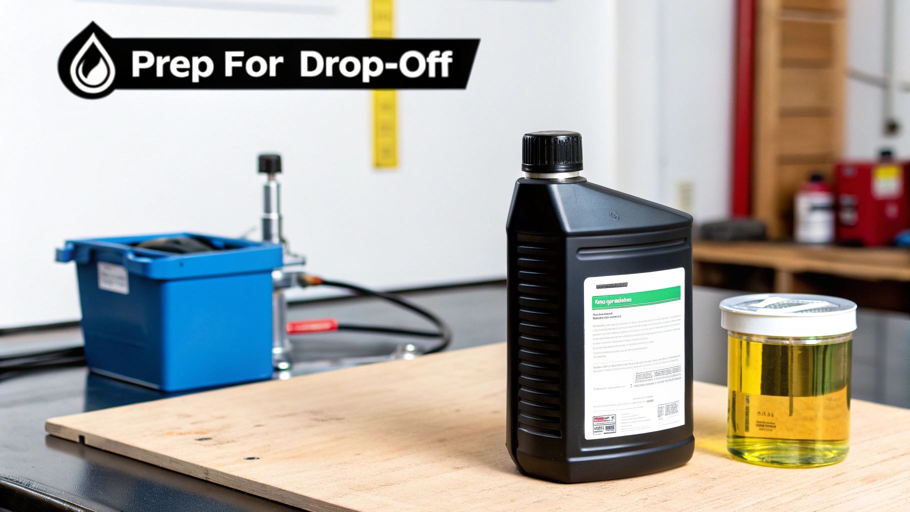 A red warning sign with a crossed-out oil can, symbolising what not to do with used motor oil.