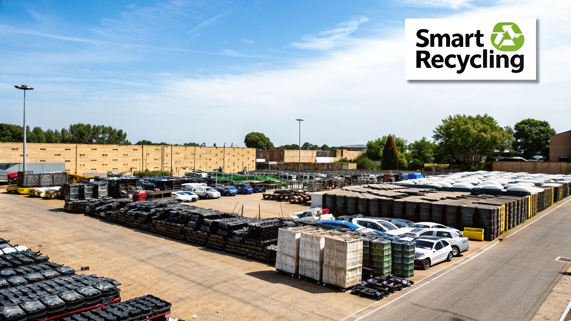 Stacks of recycled car parts in an organised warehouse