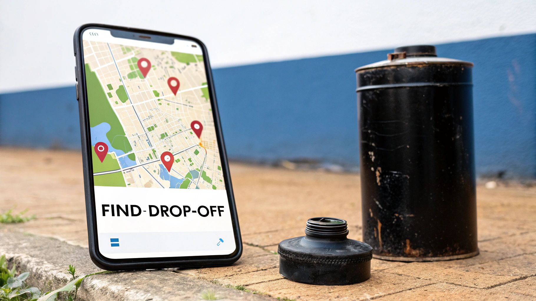 A person using a smartphone to search for local recycling centres on a map.