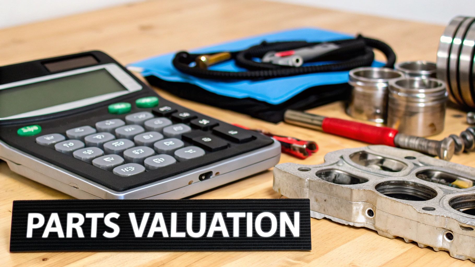 A mechanic using a laptop to research car part values online, with an engine component on the workbench beside them.