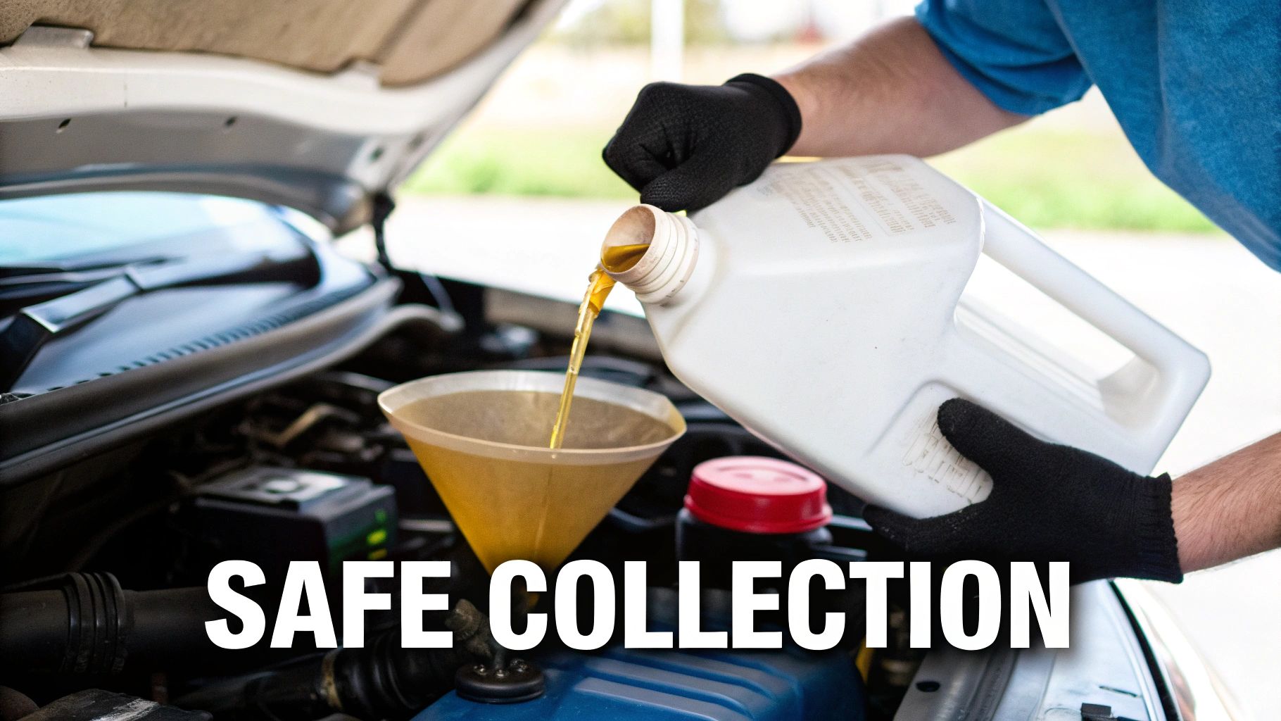 A person dropping off a container of used motor oil at a recycling centre, showing a positive environmental action.