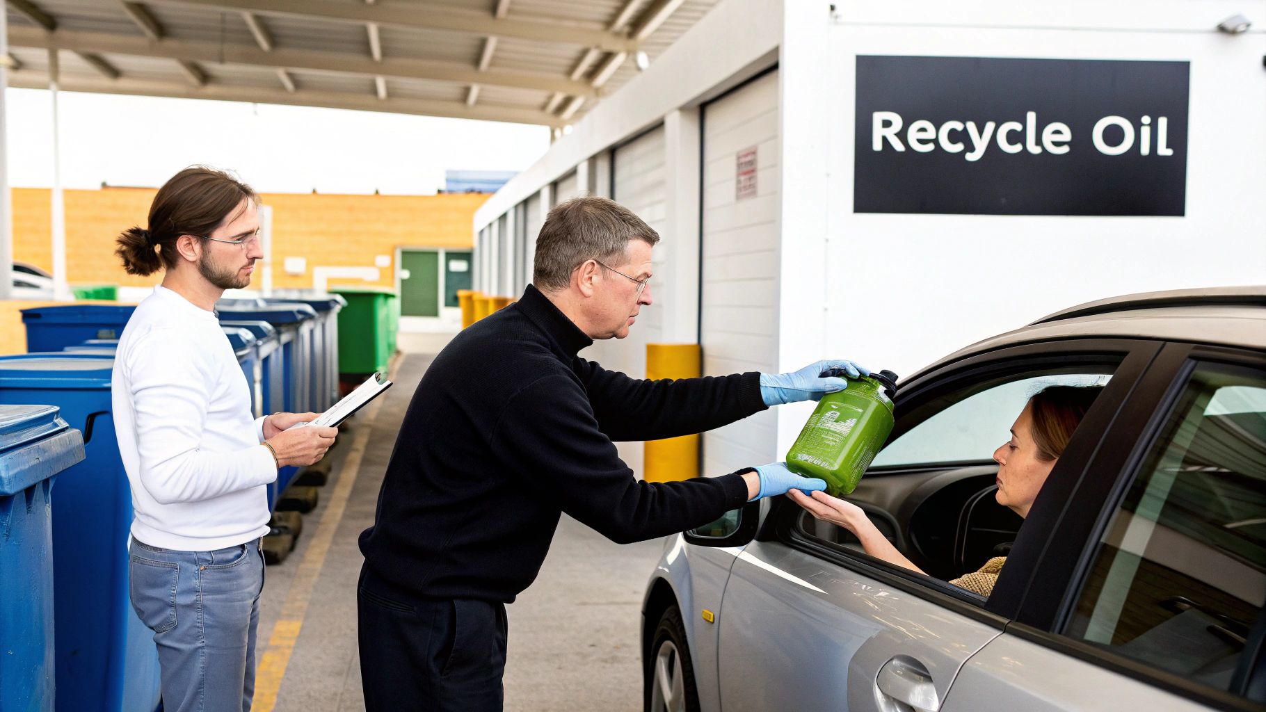 A person safely pouring used motor oil into a proper disposal container in a clean garage setting.