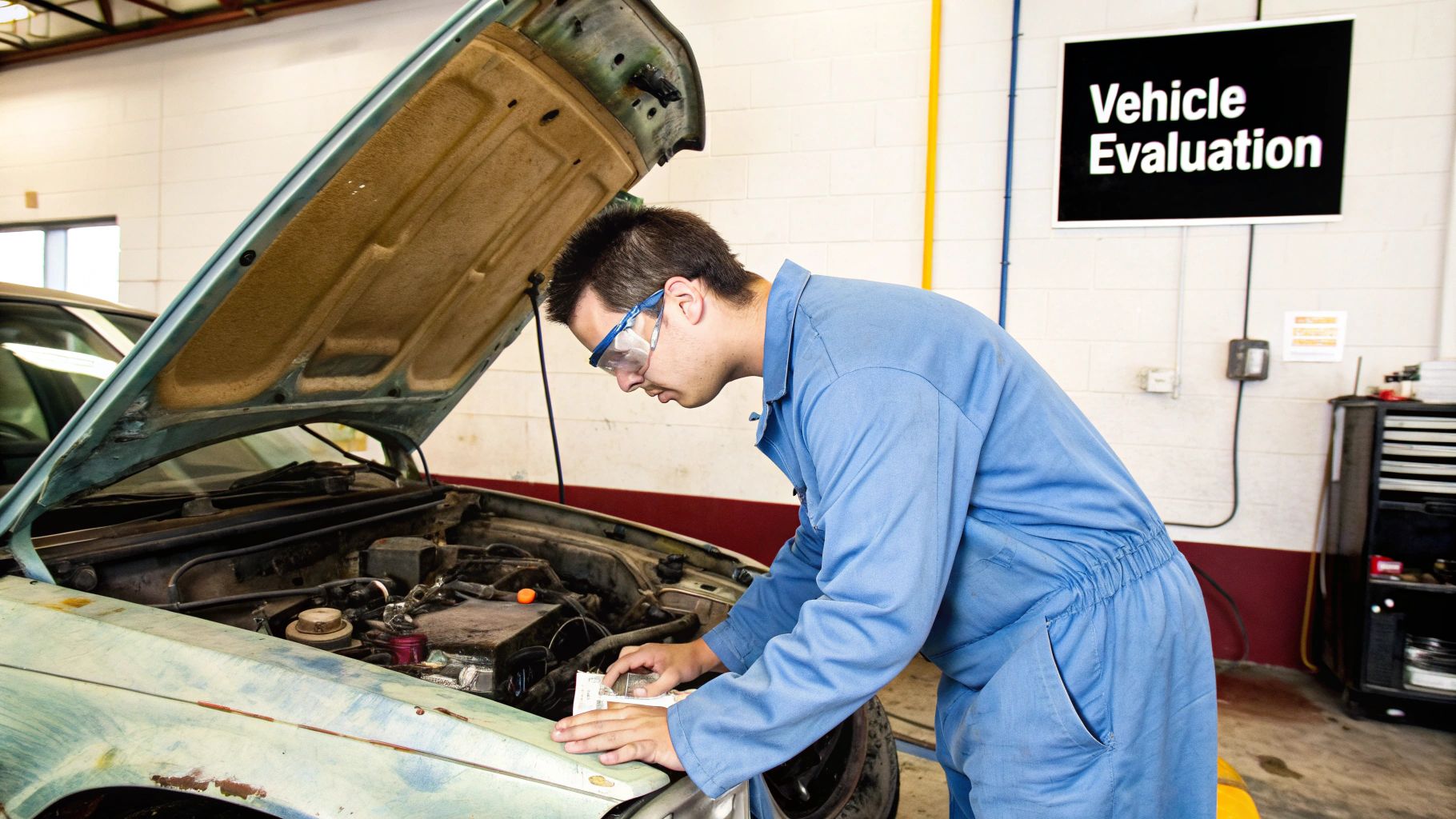 A person carefully inspecting a car engine in a well-lit workshop, representing the decision-making process of parting out a car.