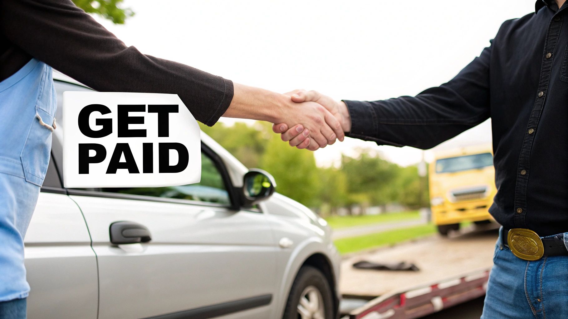 Smiling person receiving cash in front of a tow truck preparing to remove an old car