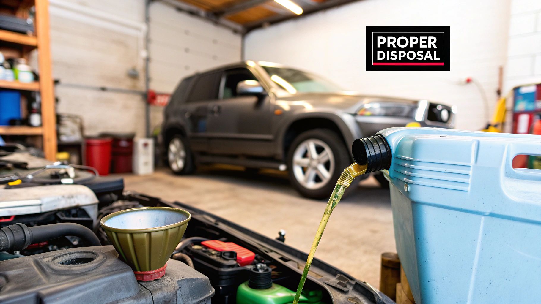 A mechanic pouring fresh motor oil into a car engine, highlighting the need for proper disposal of the old oil.