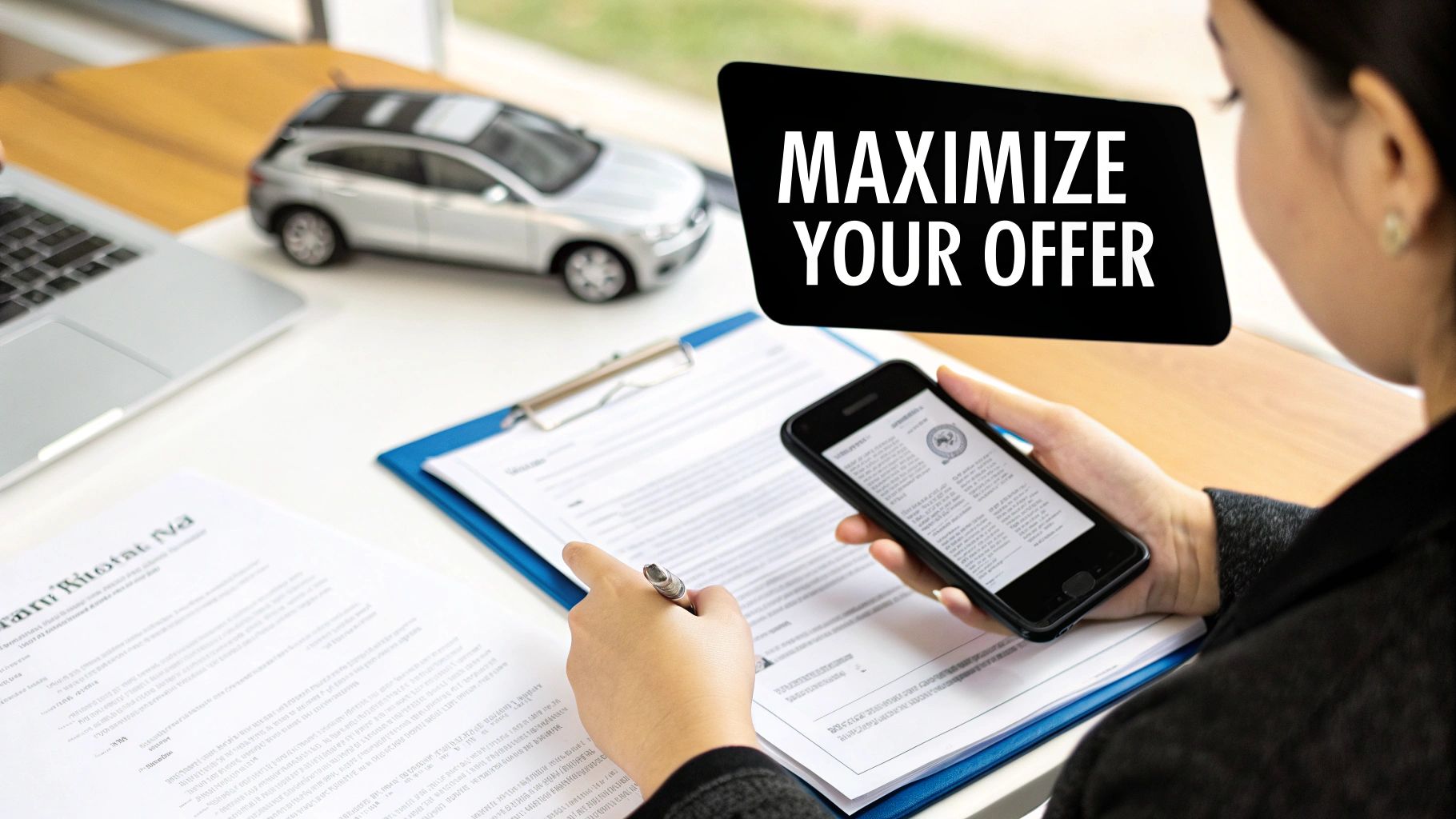 A stack of Australian dollar notes held in a hand, with a blurred image of a car in the background.