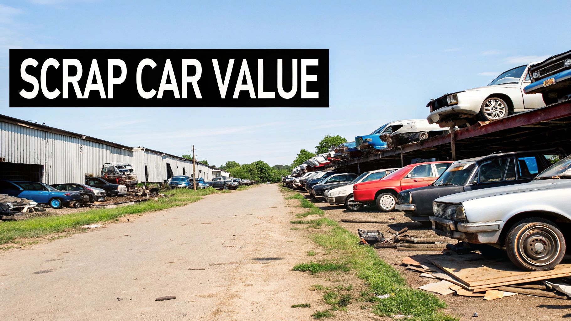 A crane lifting a scrap car in a large recycling yard, illustrating the process of valuing scrap metal for cars.