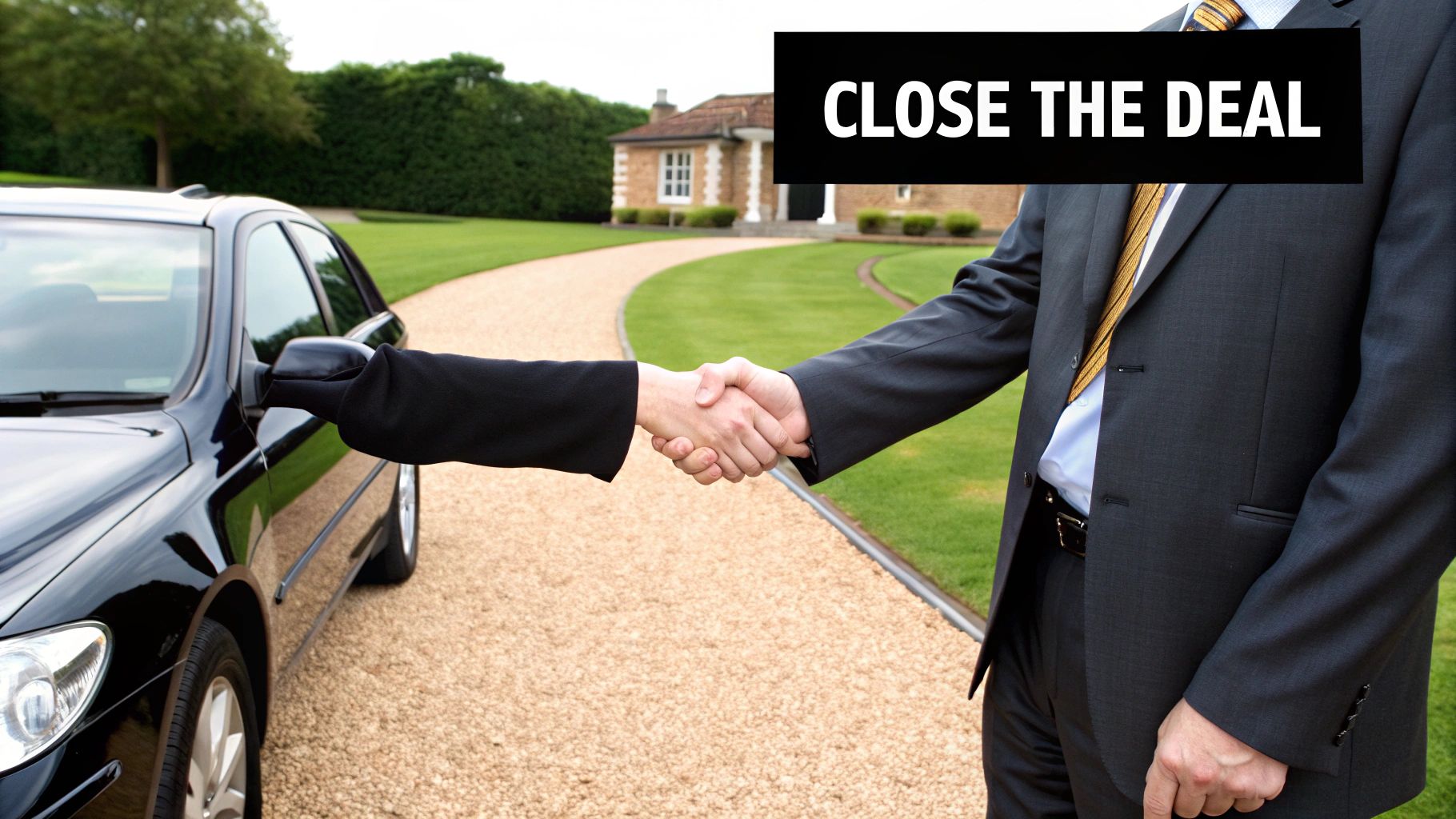 Two people shaking hands in front of a sold car, symbolising a successful negotiation.