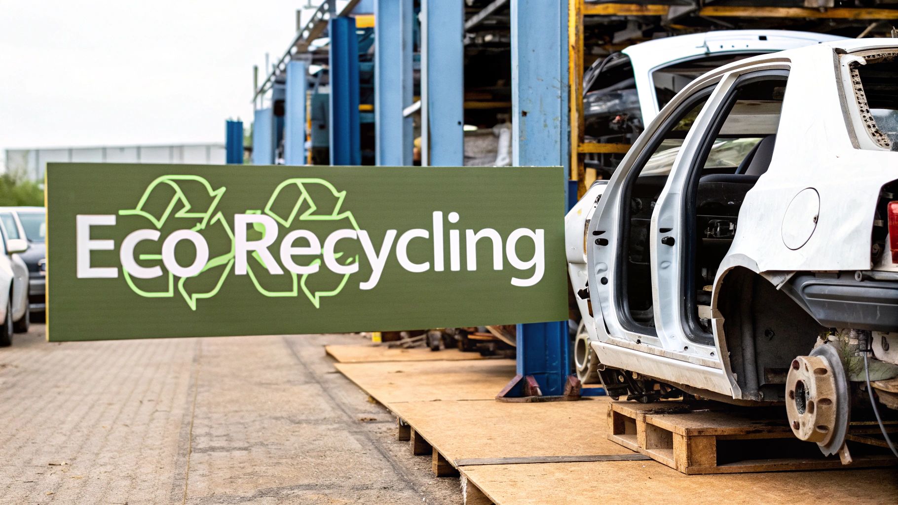 A lush green leaf superimposed over a pile of crushed scrap cars, symbolizing recycling and environmental benefits.