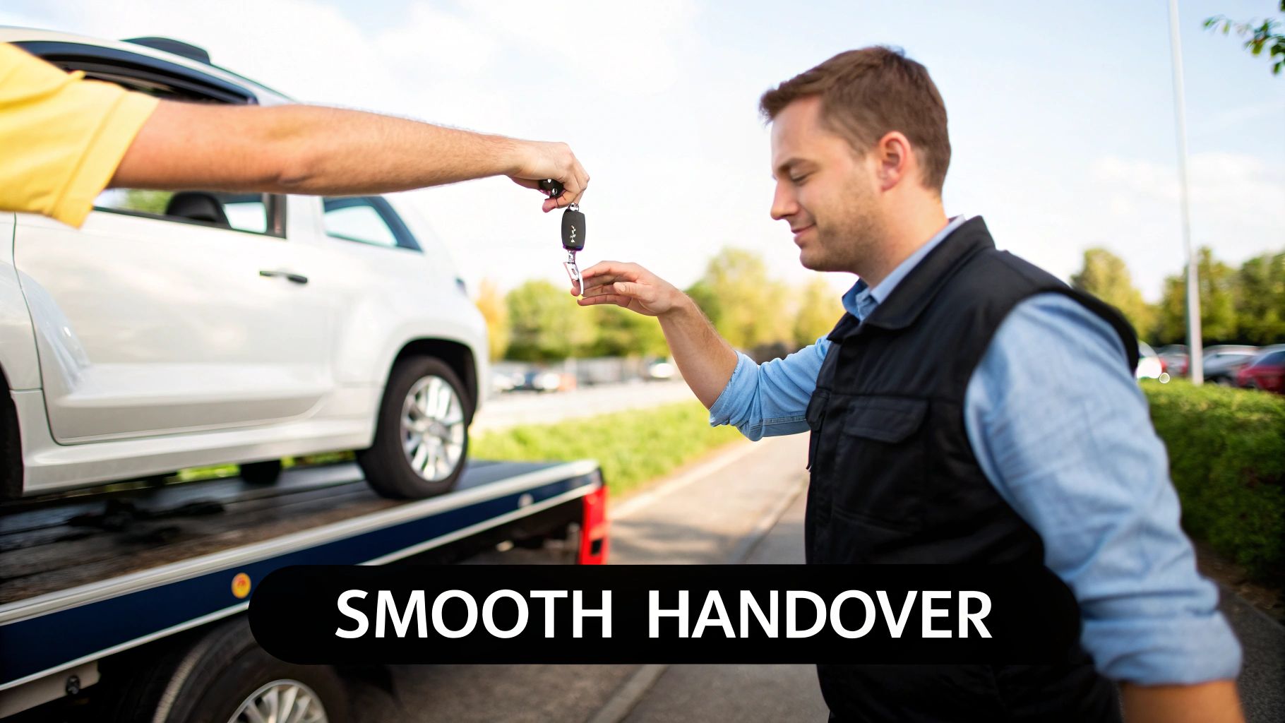 A person clearing out personal items from the glove compartment of an old car.