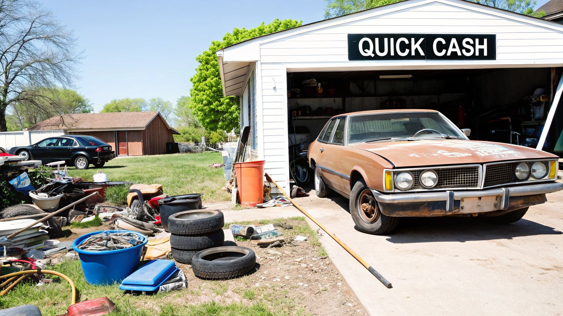 An old car being towed away from a residential driveway
