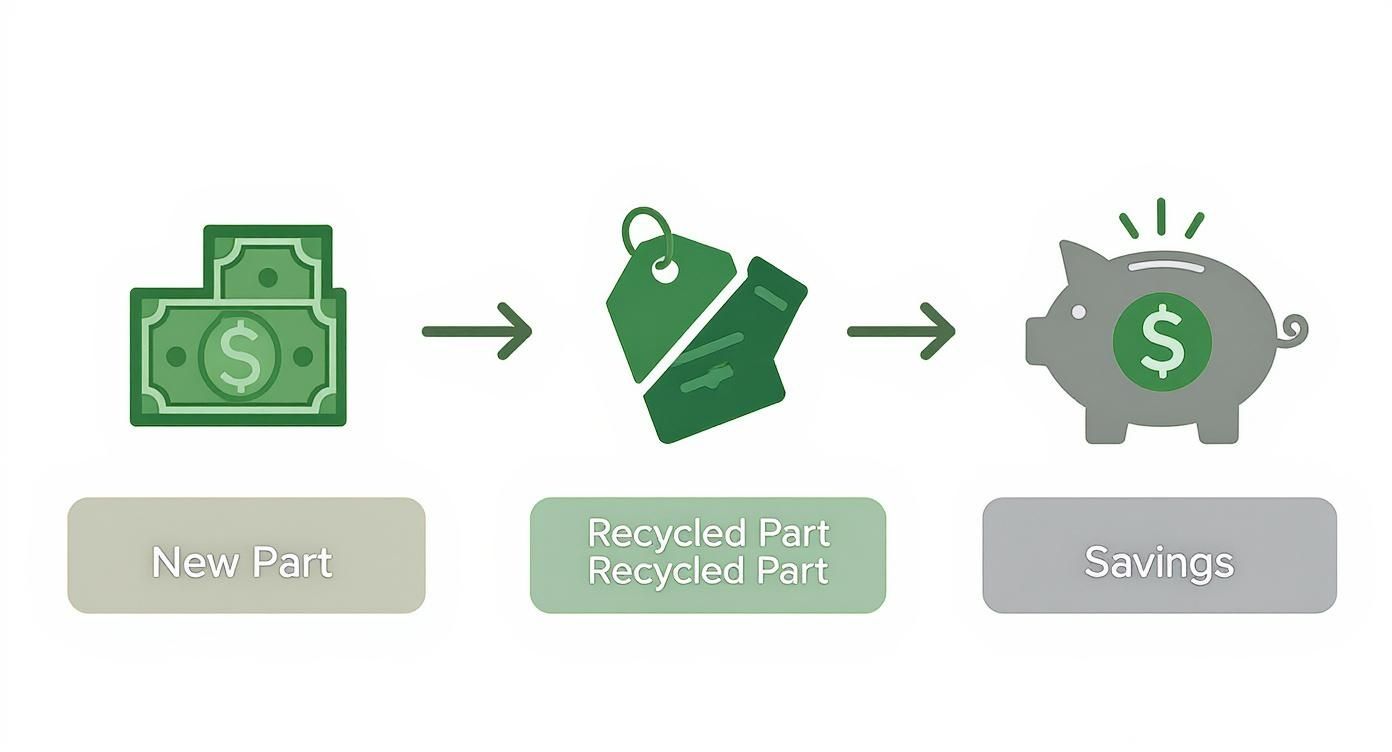 An infographic showing the cost-saving process of choosing recycled car parts over new ones, leading to significant savings.