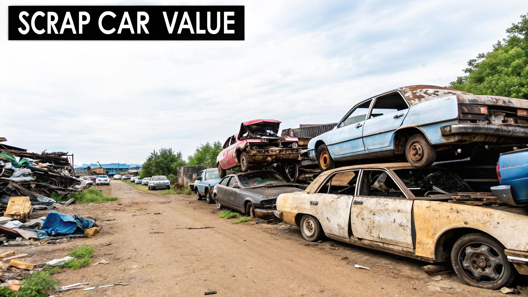 A close-up of a rusted, scrapped car's front grille and headlight, showing significant decay and abandonment.