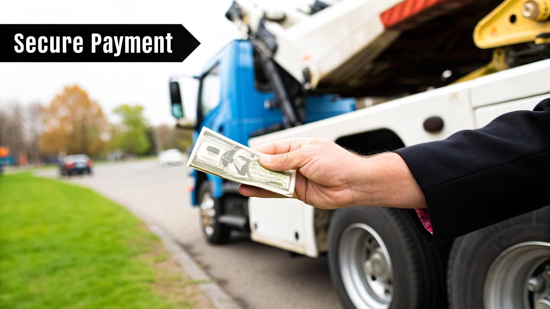 A tow truck driver handing cash to a customer while signing final paperwork for a scrap car.